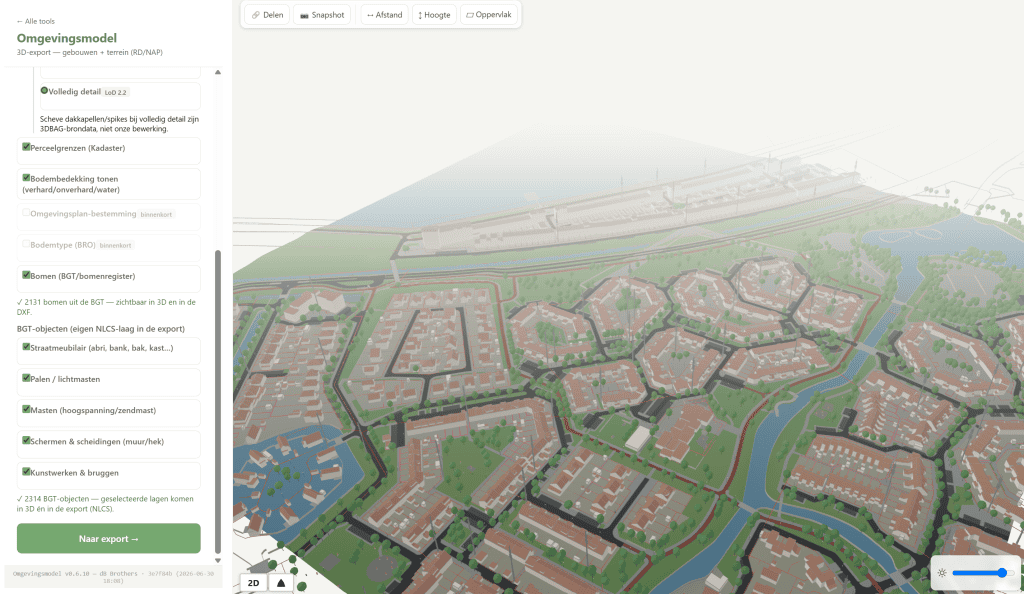 3D-omgevingsmodel van elk Nederlands adres, direct in de browser. Gebouwen (LoD 2.2), terrein, percelen, bodembedekking, wegen en bomen uit open overheidsdata. Export: DXF · IFC · GLB · DAE Software: AutoCAD · Revit · ArchiCAD · SketchUp · Blender · Unity · Unreal · BricsCAD · Vectorworks Voor: architecten · constructeurs · BIM-modelleurs · makelaars · projectontwikkelaars · bouwkundestudenten · 3D-artists Data: 3DBAG · AHN · BGT · Kadaster · RD/NAP · NLCS 5.0.2