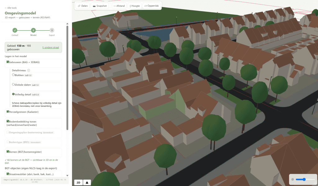 3D-omgevingsmodel geopend in CAD/BIM, met gebouwen, terrein, percelen en bomen op gescheiden lagen. Coördinaten in RD/NAP, lagen volgens NLCS 5.0.2. Export: DXF · IFC · GLB · DAE Software: AutoCAD · BricsCAD · Vectorworks · SolidWorks · Revit · ArchiCAD · SketchUp Pro · Blender · Unity · Unreal · three.js Voor: CAD-tekenaars · BIM-modelleurs · architecten · constructeurs · GWW · visualisatiemakers Data: 3DBAG · AHN · BGT · Kadaster