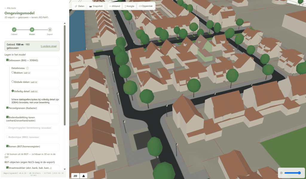 3D-omgevingsmodel van elk Nederlands adres, direct in de browser. Gebouwen (LoD 2.2), terrein, percelen, bodembedekking, wegen en bomen uit open overheidsdata. Export: DXF · IFC · GLB · DAE Software: AutoCAD · Revit · ArchiCAD · SketchUp · Blender · Unity · Unreal · BricsCAD · Vectorworks Voor: architecten · constructeurs · BIM-modelleurs · makelaars · projectontwikkelaars · bouwkundestudenten · 3D-artists Data: 3DBAG · AHN · BGT · Kadaster · RD/NAP · NLCS 5.0.2