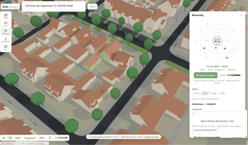 Bezonning studie, bezonning online tool, online schaduw calculator, schaduw in mijn tuin, mijn huis zon en schaduw, 3d model gratis zonnetool, rappot bezonning online