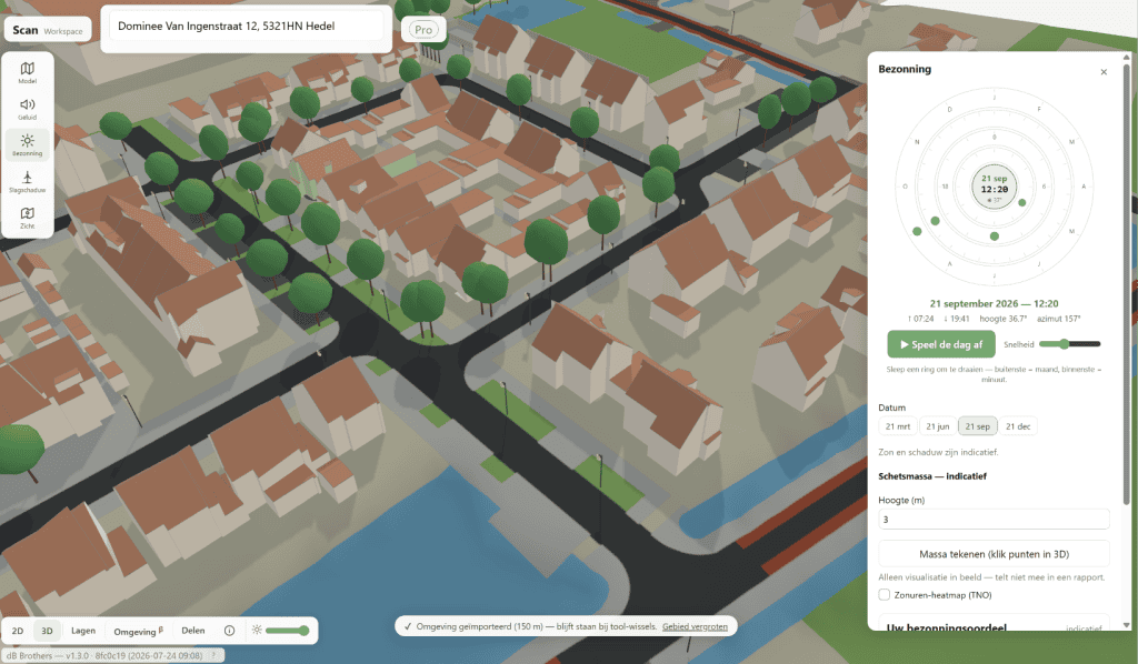 Bezonning studie, bezonning online tool, online schaduw calculator, schaduw in mijn tuin, mijn huis zon en schaduw, 3d model gratis zonnetool, rappot bezonning online