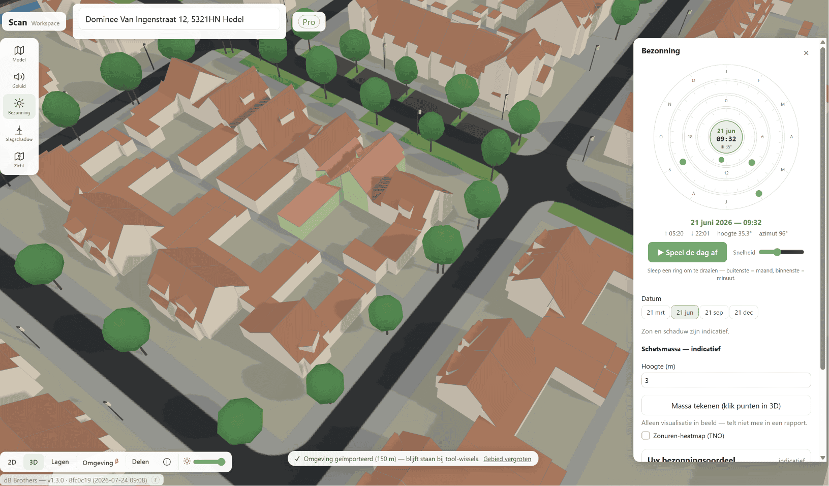 Bezonning studie, bezonning online tool, online schaduw calculator, schaduw in mijn tuin, mijn huis zon en schaduw, 3d model gratis zonnetool, rappot bezonning online