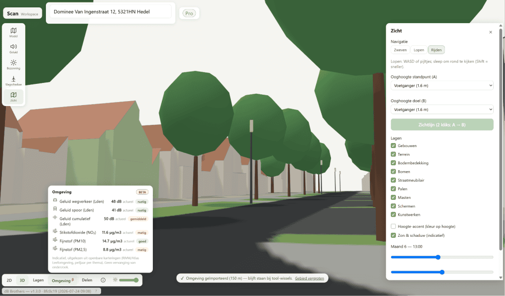 zichtlijnen in omgevingsmodel, zichtlijnen voetganger persoon in 3d model, zichtlijnen en zichtbaarheid auto verkeer in sktechup 3D-omgevingsmodel geopend in CAD/BIM, met gebouwen, terrein, percelen en bomen op gescheiden lagen. Coördinaten in RD/NAP, lagen volgens NLCS 5.0.2. Export: DXF · IFC · GLB · DAE Software: AutoCAD · BricsCAD · Vectorworks · SolidWorks · Revit · ArchiCAD · SketchUp Pro · Blender · Unity · Unreal · three.js Voor: CAD-tekenaars · BIM-modelleurs · architecten · constructeurs · GWW · visualisatiemakers Data: 3DBAG · AHN · BGT · Kadaster