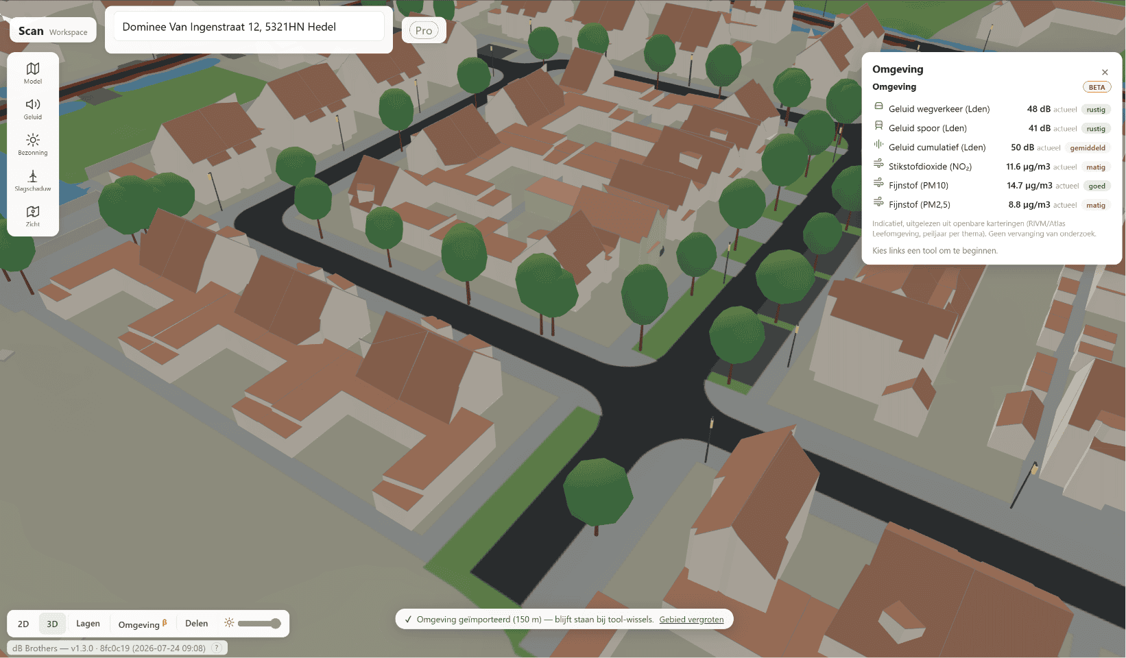 3D-omgevingsmodel geopend in CAD/BIM, met gebouwen, terrein, percelen en bomen op gescheiden lagen. Coördinaten in RD/NAP, lagen volgens NLCS 5.0.2. Export: DXF · IFC · GLB · DAE Software: AutoCAD · BricsCAD · Vectorworks · SolidWorks · Revit · ArchiCAD · SketchUp Pro · Blender · Unity · Unreal · three.js Voor: CAD-tekenaars · BIM-modelleurs · architecten · constructeurs · GWW · visualisatiemakers Data: 3DBAG · AHN · BGT · Kadaster