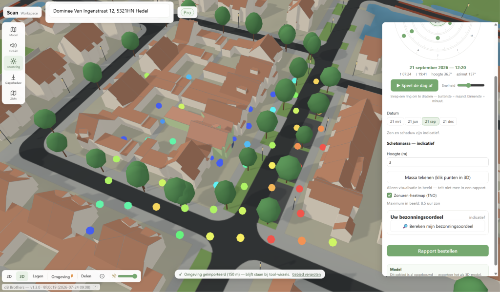 TNO norm bezonning, TNO zon, TNO schaduw norm, Bezonning studie, bezonning online tool, online schaduw calculator, schaduw in mijn tuin, mijn huis zon en schaduw, 3d model gratis zonnetool, rappot bezonning online